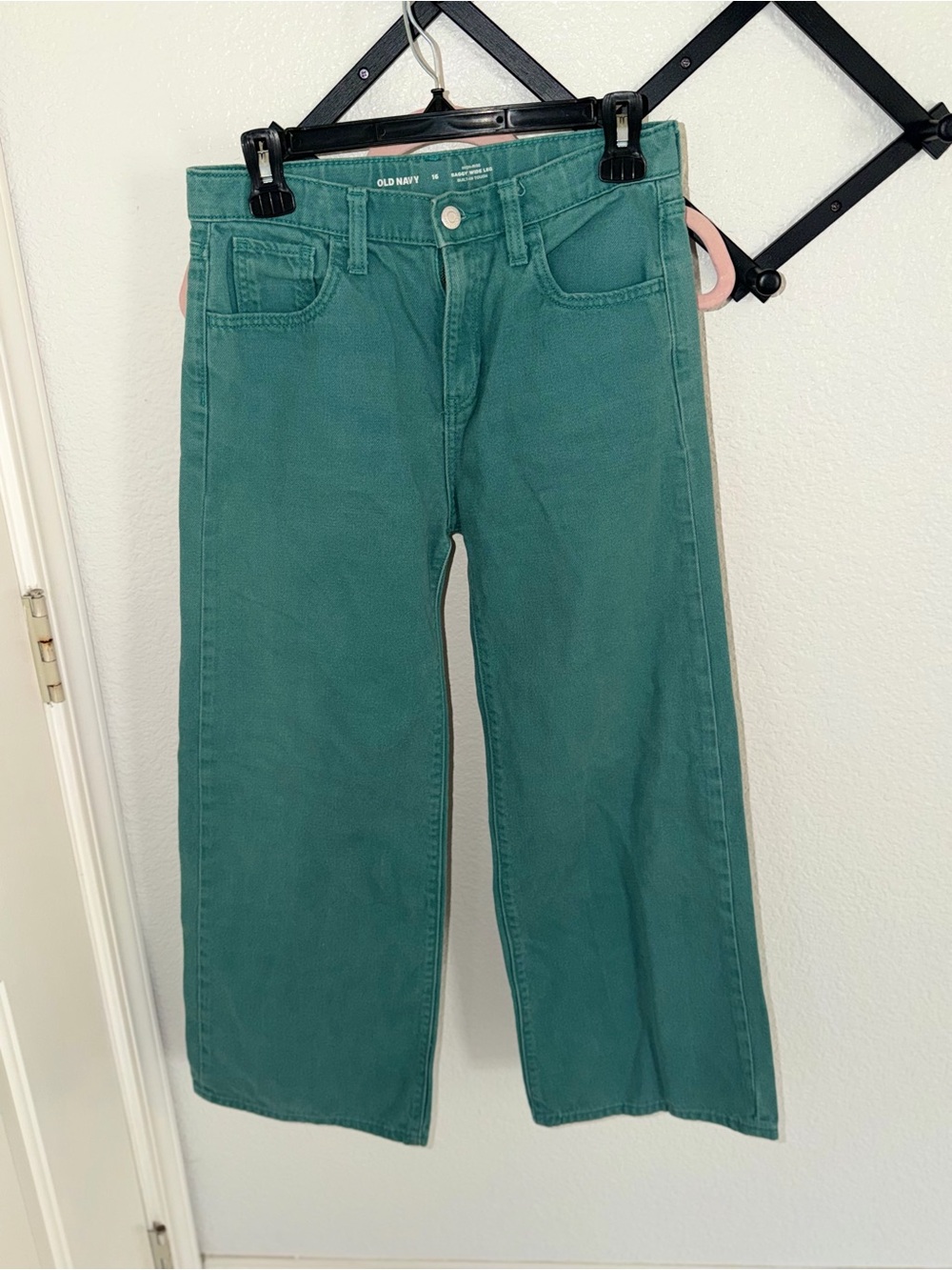 Old Navy Girls Size 16 High Rise Baggy Wide Leg Jeans Green Teal Denim - Picture 2 of 4